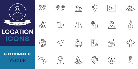 Fototapete - Location icon set. Includes thin line containing map marker, way, app, distance, map pin, gps, web, world, position and more. Set of 24 outline icons related to location. Vector illustration.