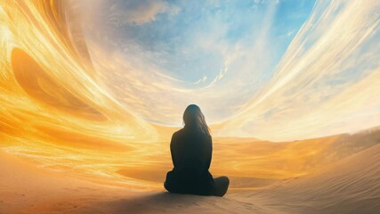 Poster - A person sits alone in the vast expanse of the desert