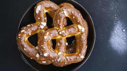Poster - Freshly baked pretzels topped with flaky salt, served on a black plate for a stylish presentation