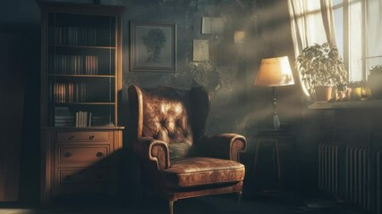 Poster - A single brown leather chair sits in a room, providing a comfortable seating option