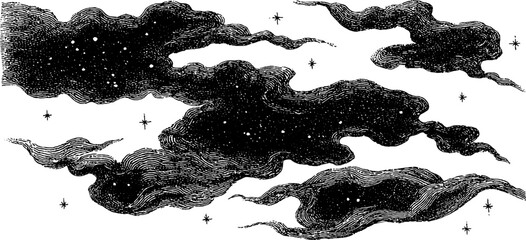engraved interstellar clouds with stars - cosmic art for design and decor