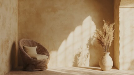 Poster - Empty beige wall mockup in boho room interior with wicker armchair and vase. Natural daylight from a window. Promotion background.