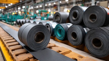 Poster - Black painted steel strips stacked on a table, ready for processing in automotive manufacturing at a factory