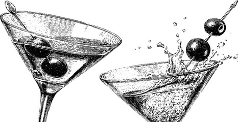 Wall Mural - Vintage engraved martini glasses with splashing olive garnish - perfect for bar or cocktail design