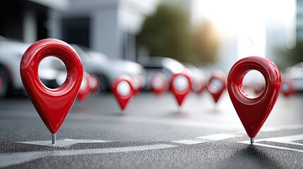 Poster - Close up view of red location pins along a road with a cityscape, showcasing a concept for route planning in travel applications