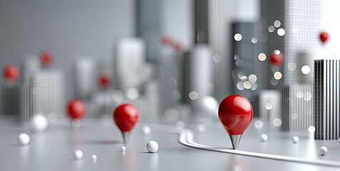 Poster - Red location pins scattered across a sleek road with a city skyline backdrop, illustrating a contemporary navigation theme.