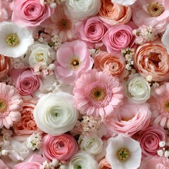 Poster - Delicate ranunculus and roses grace this wallpaper pattern, showcasing soft shades of pink, white, and coral for a charming ambiance SEAMLESS PATTERN