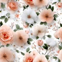 Poster - Delicate ranunculus and roses grace this wallpaper pattern, showcasing soft shades of pink, white, and coral for a charming ambiance SEAMLESS PATTERN