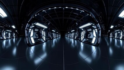 Poster - Futuristic metallic interior with illuminated doorways and panels in a long, abstract tunnel or corridor with glossy floor and grid ceiling design.