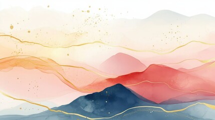 Poster - Abstract Mountain background vector. Minimal landscape art with watercolor brush and golden line texture. Abstract art wallpaper for prints, Art Decoration, wall arts and canvas prints. illustration 