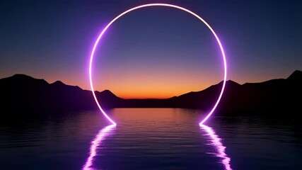 Poster - Circular neon light frame reflecting on calm lake surface with mountain silhouettes against a vibrant twilight sky providing serene futuristic view