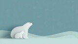 A tender minimalist illustration of a polar bear mother with her cub standing on a snow-covered surface against a soft pastel blue background. This heartwarming arctic scene combines clean lines with
