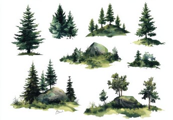 set of green watercolor trees isolated on white background for landscape illustration