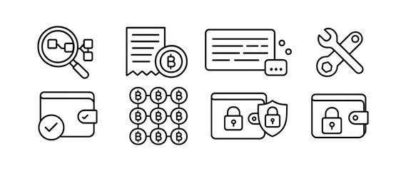 Poster - Cryptocurrency, blockchain line icon set. secure wallet and exchange line symbols