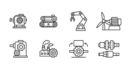 Poster - Industrial equipment linear icon set. machines and engineering tools outline icons