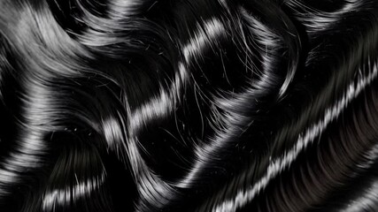 Poster - Elegant dark brunette hair texture close-up featuring shiny waves and curls. Perfect for beauty and hair care product visuals.