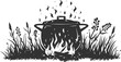© Mark - Silhouette of a cooking pot boiling over a campfire surrounded by grass and plants in the wilderness