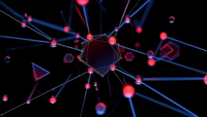 Fototapete - Abstract Network Interconnected Nodes and Geometric Shapes in Vibrant Hues