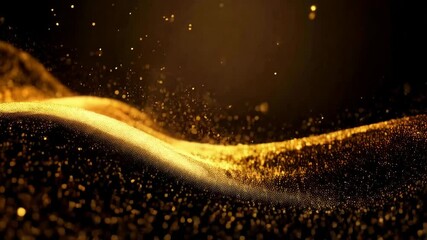 Poster - Golden shimmering particles flow across dark background, abstract waves of light sparkle in elegant pattern, glittering dots rise slowly upward