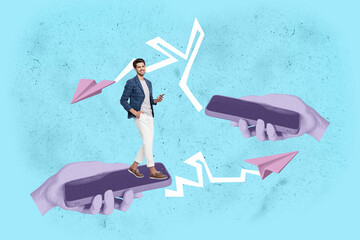 Poster - Exclusive pop creative collage of happy girl guy stand hands hold phone message networking paper plane communication speech