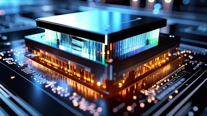 Poster - Close-up rendering of computer chip reflecting on circuit board with glowing lights