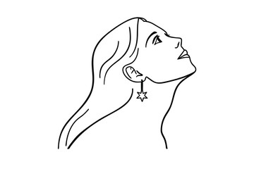 Poster - Elegant line art portrait of a woman gazing upward with star shaped earring