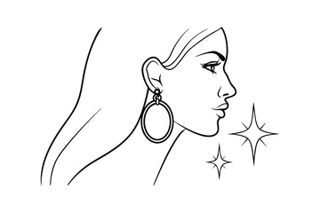 Poster - Elegant woman silhouette with oval earrings and sparkles in black and white outline
