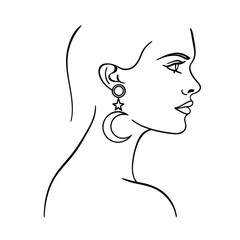 Poster - Elegant black and white line art portrait of a woman with moon and star earrings
