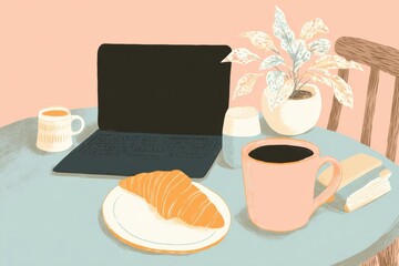 Poster - Laptop on a Cafe Table With Croissant and Plant Creating a Cozy Workspace Atmosphere