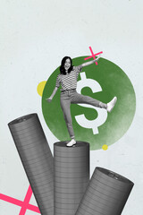 Poster - Trend art collage of person stand dance coins with dollars sign on grey background