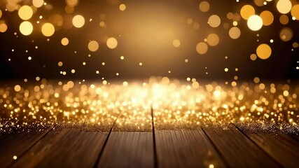 Poster - Golden bokeh lights suspended above dark wood table, creating a warm glow and festive atmosphere with blurred light points