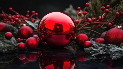 Wall Mural - a vibrant red christmas ball, glistening with festive cheer, reflecting light and surrounded by soft