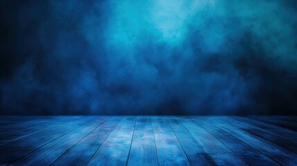 Poster - Abstract blurry blue stage interior with wooden floor illustration , no logos, no brands