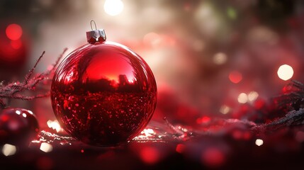 Wall Mural - a vibrant red christmas ball, glistening with festive cheer, reflecting light and surrounded by soft