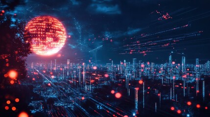 Poster - Cyber warfare attack in progress with glowing data streams in a digital landscape at nighttime