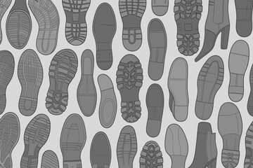 Poster - Various types of shoe prints create an artistic pattern on a gray background in a creative display of footwear