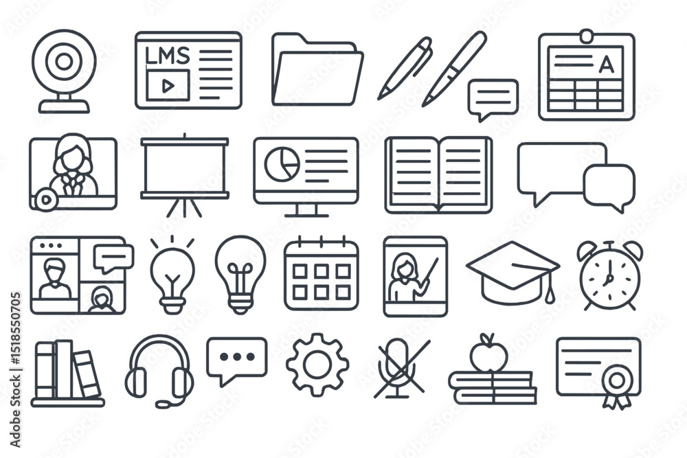 Collection of educational icons illustrating online learning tools ...