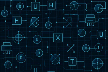 Poster - Complex digital circuit design displaying various symbols and connections with a blue background in a modern technology setting