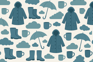 Poster - Stylish rain pattern featuring umbrellas, boots, and clouds in cool tones suitable for fabric or wallpaper design