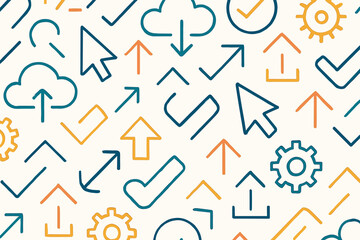 Poster - Colorful abstract vector patterns of arrows, gears, clouds, and cursors on a light background during a creative design session