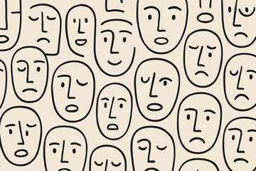 Poster - Abstract line drawings of various facial expressions on a light background representing emotions