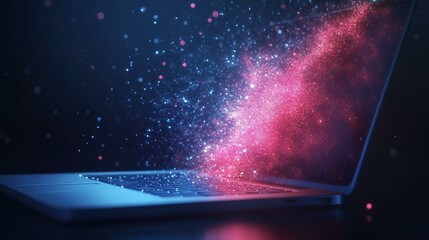 Poster - A laptop emits a burst of glowing particles against a dark blue background, symbolizing data flow and digital innovation.