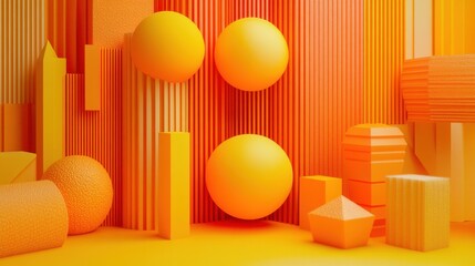 Poster - Collection of Orange and Yellow 3D Shapes arranged to create a wall. Futuristic background .