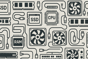 Poster - Detailed arrangement of computer components showcasing CPU, RAM, SSD, and cooling fans on a light background