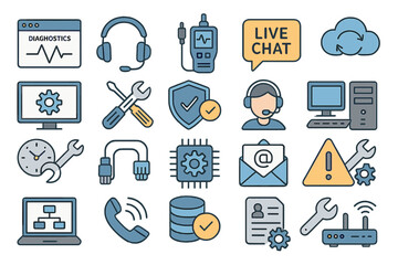 Poster - Technical support icons representing various services and equipment for troubleshooting tasks in digital environments