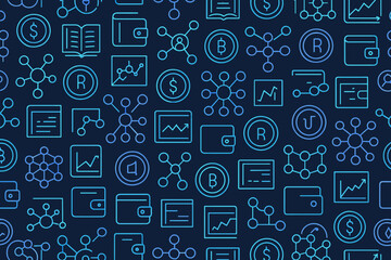 Poster - Diverse symbols and icons representing finance, technology, and data visualizations against a dark background