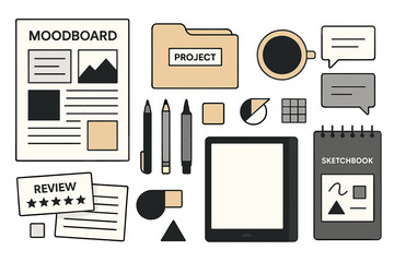 Poster - Creative workspace filled with project materials and tools for design development