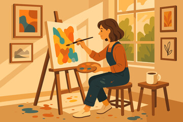 Fototapete - Person creates abstract art in a cozy studio filled with natural light and colorful decor during the day