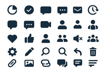Poster - Various icons representing communication, social interaction, and productivity in a minimalist style on a digital background