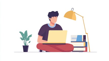 Poster - AI Artificial Intelligence technology for education. Modern digital learning, courses for developing new skills and e-learning. Man learning lessons and online seminars on laptop.